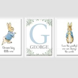 Personalised Peter Rabbit Baby Boy Girl Bunny Print Unframed Set Of 3 A4 Or A3 Birth Gift New Keepsake Blue - thumbnail 2