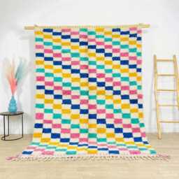 Moroccan Multicolor Berber Rug, Boho Nursery Handwoven Checkered Wool Shag Authentic Beni Ourain Carpet, Large Area Rug - thumbnail 1