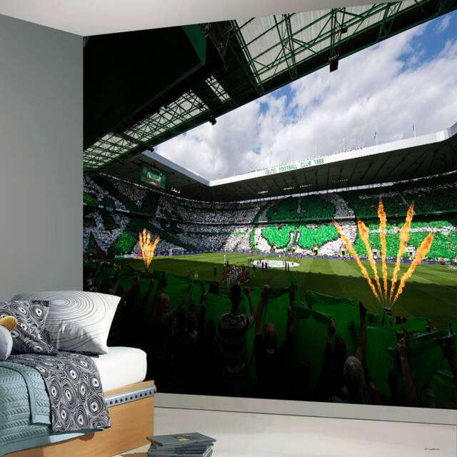 Celtic Fc Wall Mural - Inside Stadium With Crowd & Flames Full Football Art