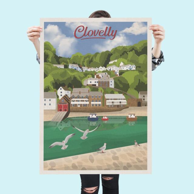 Clovelly Travel Poster - English Landscape Devon Art Print Wall - image 1