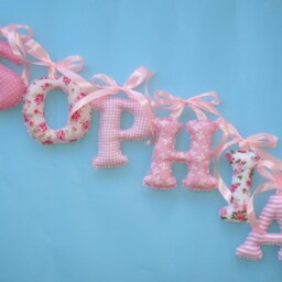 Fabric Letters Shabby Chic Pink , Girl's Room Name Wall Decor -Baby Girl Name Wall Art, Nursery Pink, Ribbon Bow Hanging, Pet - thumbnail 2