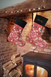 Red William Morris Christmas Stocking, Embroidered Personalised Strawberry Thief, Velvet, Custom Gift, Name, Initials, Luxury