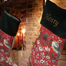 Red William Morris Christmas Stocking, Embroidered Personalised Strawberry Thief, Velvet, Custom Gift, Name, Initials, Luxury - thumbnail 2