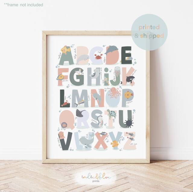 Sea Animals Alphabet Print, Under The Ocean Girl Nursery, Nursery Educational Scandi Decor, Kids Wall Art - image 1