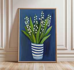 Lily Of The Valley Poster Art - Vibrant Floral Print, Blue & White Stripes Pot, Modern Botanical Decor, Spring Flower Wall - thumbnail 1