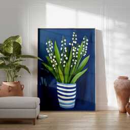 Lily Of The Valley Poster Art - Vibrant Floral Print, Blue & White Stripes Pot, Modern Botanical Decor, Spring Flower Wall - thumbnail 3
