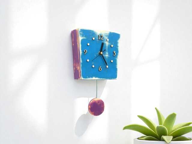 Blue Pendulum Wall Clock, Distressed Rustic Wood Decor - image 1