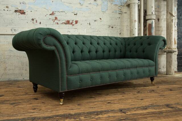 Handmade 3 Seater Green Herringbone Wool Fabric Chesterfield Sofa - Other Colours + - image 1