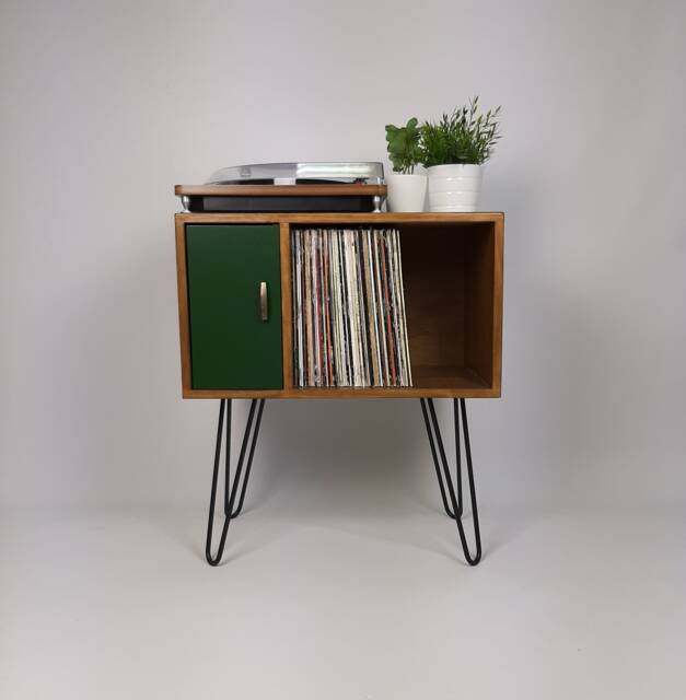 Mid Century Modern Vinyl Record Cabinet - Green Door Hairpin Leg Sideboard - image 1