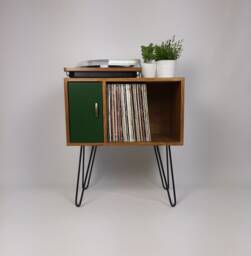 Mid Century Modern Vinyl Record Cabinet - Green Door Hairpin Leg Sideboard - thumbnail 1