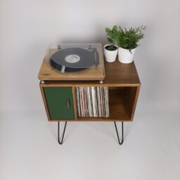 Mid Century Modern Vinyl Record Cabinet - Green Door Hairpin Leg Sideboard - thumbnail 2