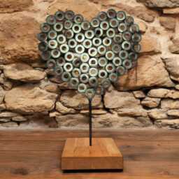 Unique Handcrafted Industrial Steel Rings Heart Sculpture - Industrial Art On Irish Oak Base - thumbnail 2