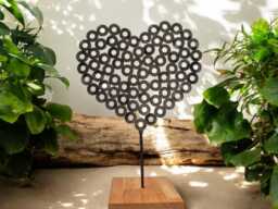 Unique Handcrafted Industrial Steel Rings Heart Sculpture - Industrial Art On Irish Oak Base - thumbnail 1