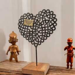 Unique Handcrafted Industrial Steel Rings Heart Sculpture - Industrial Art On Irish Oak Base - thumbnail 3
