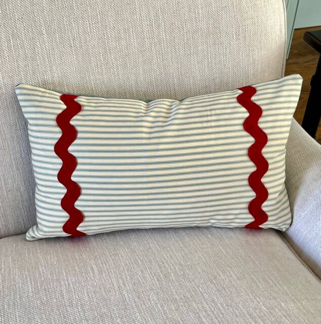 Ian Mankin Ticking Stripe Aqua With Ric Rac Cushion 50x30cm - image 1