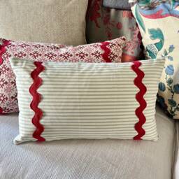 Ian Mankin Ticking Stripe Aqua With Ric Rac Cushion 50x30cm - thumbnail 3