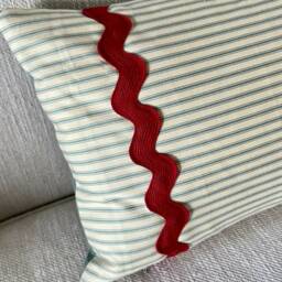 Ian Mankin Ticking Stripe Aqua With Ric Rac Cushion 50x30cm - thumbnail 2