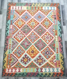 Tribal Kilim Rug, Handmade Artisan Afghan Turkish, Scandinavian, Navajo, Bohemian Flatweave, Natural Wool Multicolour Rug 197x152 cm - thumbnail 1