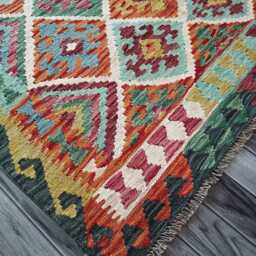 Tribal Kilim Rug, Handmade Artisan Afghan Turkish, Scandinavian, Navajo, Bohemian Flatweave, Natural Wool Multicolour Rug 197x152 cm - thumbnail 3