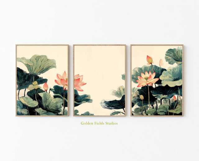 Watercolor Lotus Flower Print Set Asian Botanical Wall Art - image 1