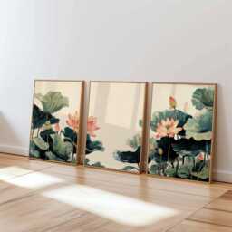 Watercolor Lotus Flower Print Set Asian Botanical Wall Art - thumbnail 2