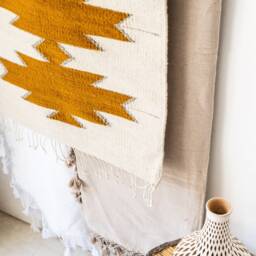 Mexican Maguey Accent Rug, Wool Handwoven Living Room Woven Mexican Natural Base + Mustard - thumbnail 3