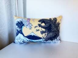 Shin Godzilla Throw Pillow, Godzilla Pillow Case, Tsunami Bedding Cover, Decorative Cover For Kids, Japanese Tenugui - thumbnail 1
