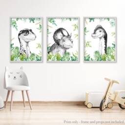 Dinosaur Nursery Prints Green & Gray Dino Wall Art, Set Of 3 - thumbnail 1