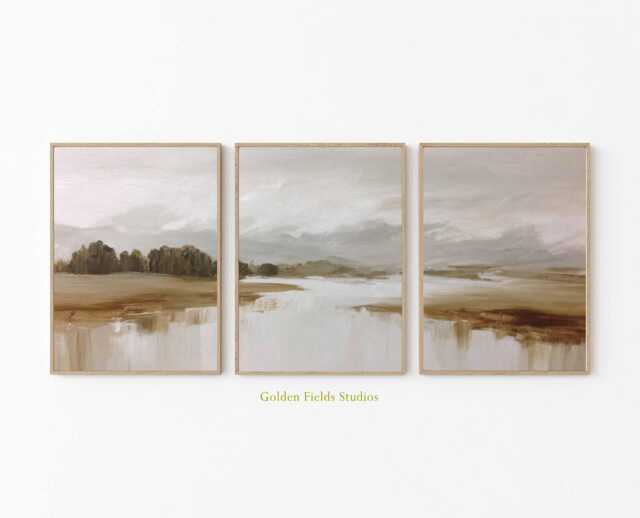 Muted Landscape Prints, Set Of 3 Neutral Abstract Art, Modern Farmhouse Wall Decor, Earthy Tone Triptych, Calm Nature Art - image 1