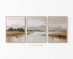 Muted Landscape Prints, Set Of 3 Neutral Abstract Art, Modern Farmhouse Wall Decor, Earthy Tone Triptych, Calm Nature Art - thumbnail 1