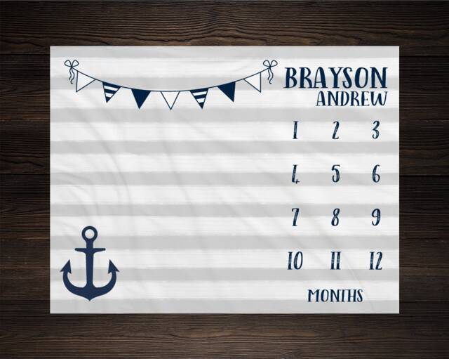 Nautical Milestone Blanket Month Growth Tracker Soft Minky Fleece Baby Shower Gift Newborn Gender Neutral Watch Me Grow - image 1