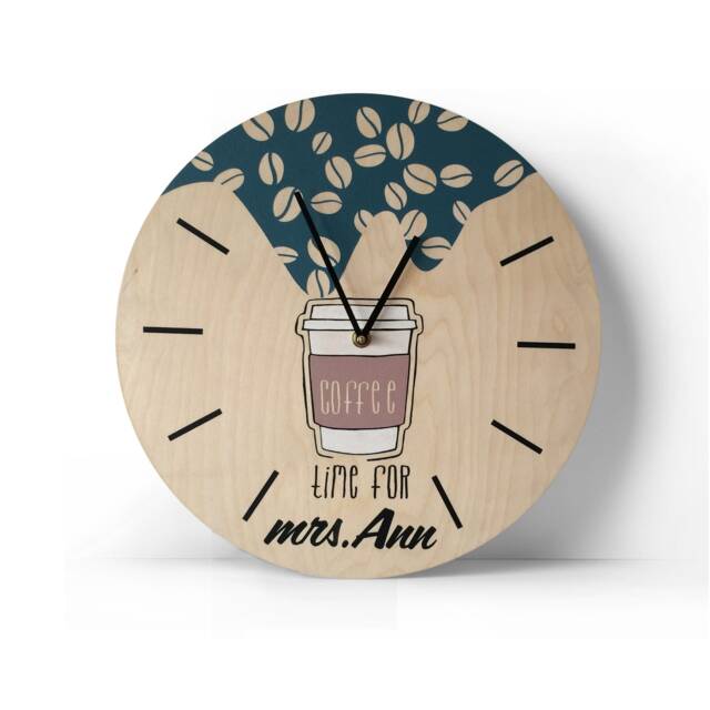Personalized Coffee Cup Wall Clock, Minimalist Wooden Cafe Decor - image 1