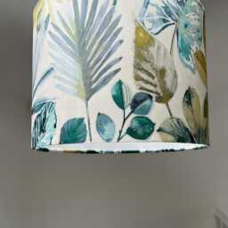 Rainforest Velvet Drum Lampshade /Ceiling Shade, With Blue & Green Leaves, A White Lining - thumbnail 2