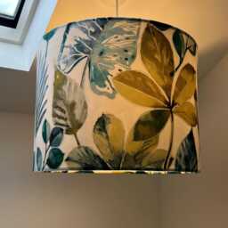 Rainforest Velvet Drum Lampshade /Ceiling Shade, With Blue & Green Leaves, A White Lining