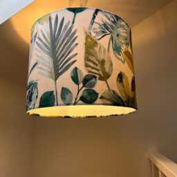 Rainforest Velvet Drum Lampshade /Ceiling Shade, With Blue & Green Leaves, A White Lining - thumbnail 3