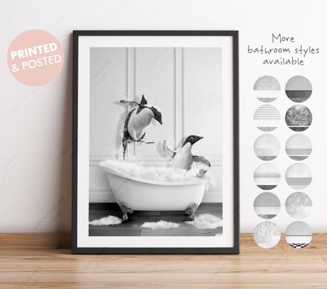 Black & White Penguins Playing in Bath Tub Print, Penguin Bathing, Funny Bathroom Animal Bathtub, Tub, Whimsy - image 1