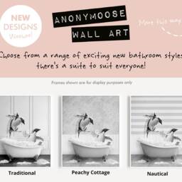 Black & White Penguins Playing in Bath Tub Print, Penguin Bathing, Funny Bathroom Animal Bathtub, Tub, Whimsy - thumbnail 2