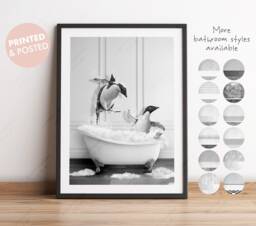 Black & White Penguins Playing in Bath Tub Print, Penguin Bathing, Funny Bathroom Animal Bathtub, Tub, Whimsy - thumbnail 1