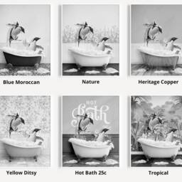 Black & White Penguins Playing in Bath Tub Print, Penguin Bathing, Funny Bathroom Animal Bathtub, Tub, Whimsy - thumbnail 3