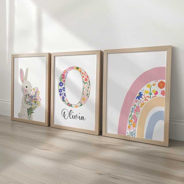 Bunny Personalised Set Of 3 Girls Prints, Floral Custom Name Posters, Rainbow Decor Framed Wall Art Gift For Nursery, Bedroom Or Playroom - image 1