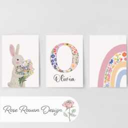 Bunny Personalised Set Of 3 Girls Prints, Floral Custom Name Posters, Rainbow Decor Framed Wall Art Gift For Nursery, Bedroom Or Playroom - thumbnail 3
