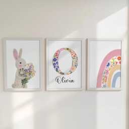Bunny Personalised Set Of 3 Girls Prints, Floral Custom Name Posters, Rainbow Decor Framed Wall Art Gift For Nursery, Bedroom Or Playroom - thumbnail 2