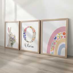 Bunny Personalised Set Of 3 Girls Prints, Floral Custom Name Posters, Rainbow Decor Framed Wall Art Gift For Nursery, Bedroom Or Playroom - thumbnail 1