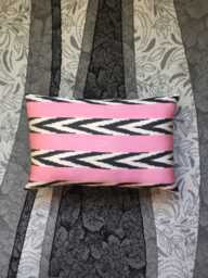 Pink Black Ikat Pillow Cover - Silk Uzbek Chevron Stripes Design - thumbnail 1