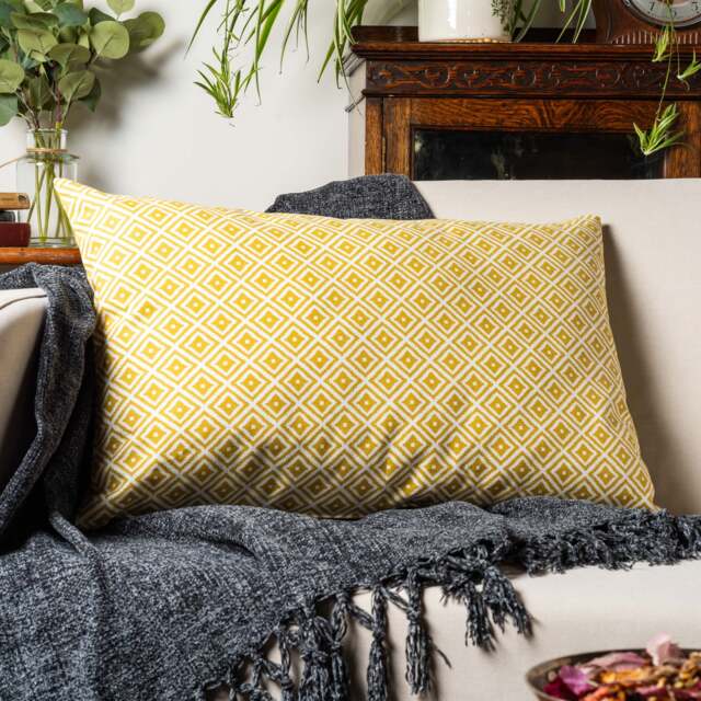 Scandi Geometric Ikat Xl Rectangular Cushion in Ochre Yellow. Modern Printed Diamond Pattern Mustard Yellow & White. 23X15 - image 1