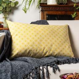 Scandi Geometric Ikat Xl Rectangular Cushion in Ochre Yellow. Modern Printed Diamond Pattern Mustard Yellow & White. 23X15 - thumbnail 1