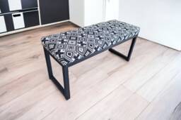 Aztec Kilim Style Bench Black & White -Matte Black Steel Frame - Handmade Fpb