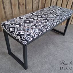 Aztec Kilim Style Bench Black & White -Matte Black Steel Frame - Handmade Fpb - thumbnail 3