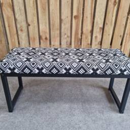 Aztec Kilim Style Bench Black & White -Matte Black Steel Frame - Handmade Fpb - thumbnail 4