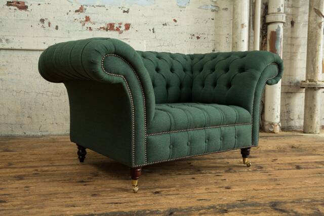 Emerald Green Herringbone Wool Chesterfield Snuggle Armchair, British Handmade - image 1